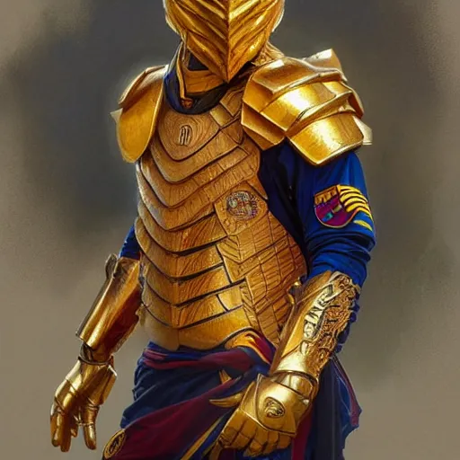 Image similar to Lionel Messi wearing a beautiful golden armor, D&D, fantasy, intricate, elegant, highly detailed, digital painting, artstation, concept art, matte, sharp focus, illustration, art by Artgerm and Greg Rutkowski and Alphonse Mucha