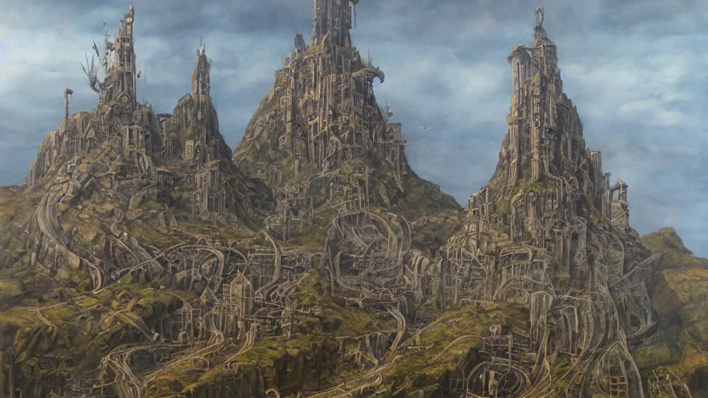 Image similar to an oil painting in the style of alan lee of a steampunk minas tirith