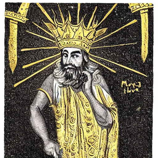 Prompt: King Midas, illustrated by Laurence Housman, etching with gold leaf