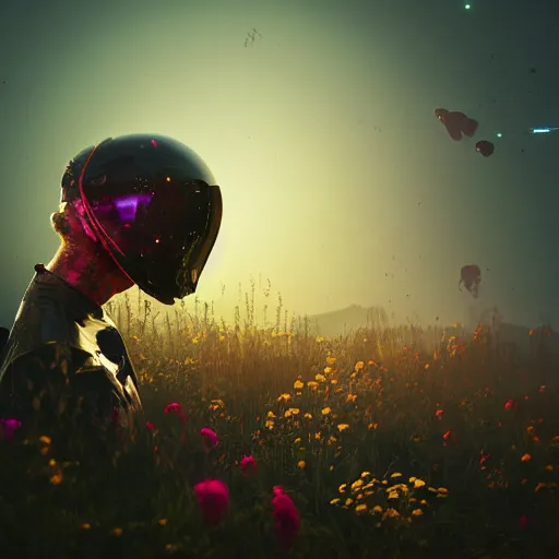 Image similar to beautiful dark landscape, astronaut cracked helmet skull head, beautiful flowers growing, in the style of beeple and mike winkelmann, intricate, epic lighting, cinematic composition, hyper realistic, 8 k resolution, unreal engine 5, raytracing, ultraviolet colors,
