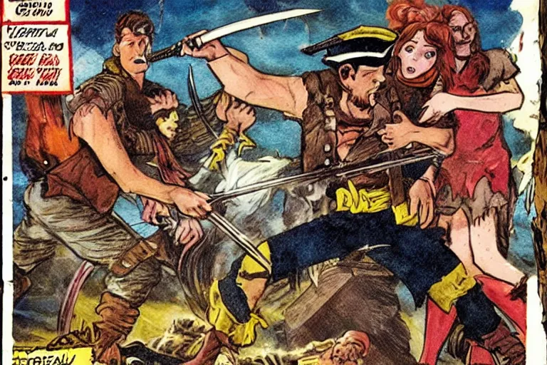 Prompt: comic book cover of a shipwrecked sailor fighting a pirate with swords in a tavern. detailed. action. adventure.