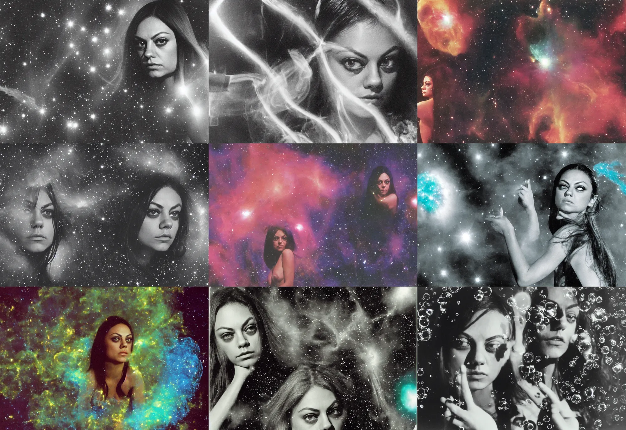 Image similar to 1970 Mila Kunis looking into the camera with small reflective bubbles, puffs of colored smoke, Nebula, Ludek Pesek, Rick Guidice, Chesley Bonestell, Lucien Rudaux, Rolf Klep, Fred Freeman, George Pal