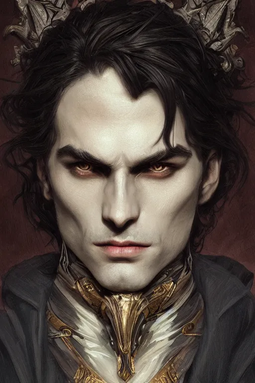 Prompt: up close portrait of a beautiful male vampire, d & d, face, fantasy, intricate, elegant, highly detailed, digital painting, artstation, concept art, smooth, sharp focus, illustration, art by artgerm and greg rutkowski and alphonse mucha