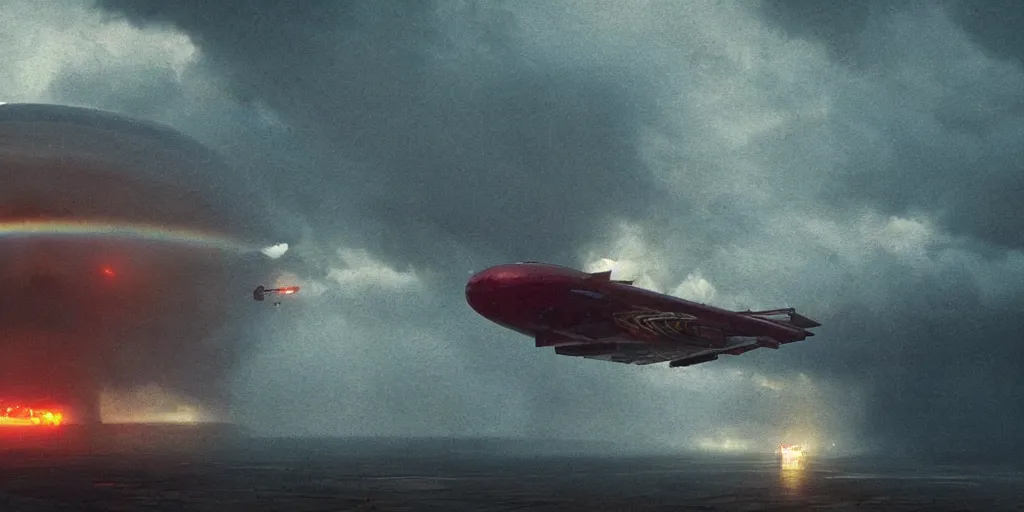 Prompt: screenshot from a renaissance airship cyberpunk cinematic masterpiece, hurricane tornado mist hail debris flying lightning, rainbow distortions, fps, cinematography, photo, photography, 4 k, by greg rutkowski, roger deakins
