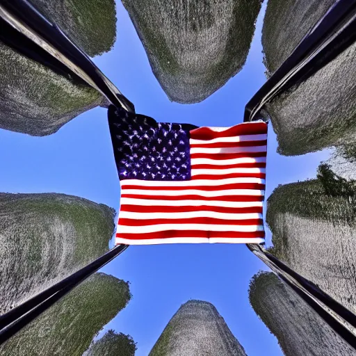 Prompt: the view from the bottom of a golf hole/cup, upwards along the shaft of the flag, sunny windy day, photograph, 8K, 4K