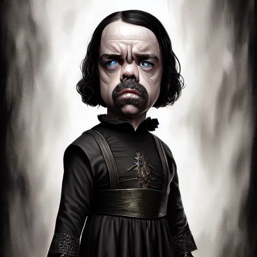 Image similar to peter dinklage as wednesday addams, digital painting, extremely detailed, 4 k, intricate, brush strokes, mark arian, artgerm, bastien lecouffe - deharme