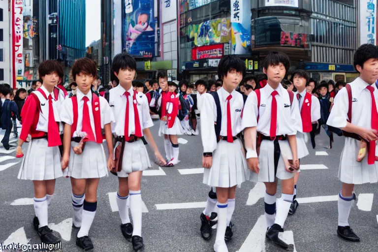 Prompt: japanese middle school boys wearing school uniforms at shibuya crossing, red weapon 8 k s 3 5, cooke anamorphic / i lenses, highly detailed, cinematic lighting