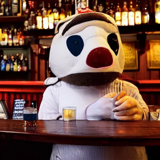 Prompt: Bullseye mascot Bully sitting at the bar of an English pub with a half drunk pint of ale. He looks sad and dejected by carravagio dramatic light