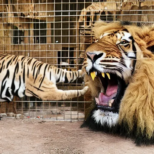 Prompt: lion and a tiger roaring in cage at the zoo wearing a hat