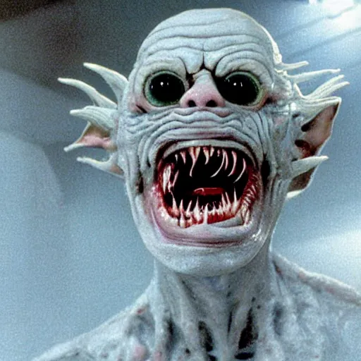 Image similar to a creepy filmic 30mm filmic wide shot color ground level angle movie still film photograph of the full body of a dangerous shape shifting alien creature, with multiple mutated snarling drooling human faces with a grotesque variety of gorey human limbs in the style of a live action 1980s horror film, The Thing 1982