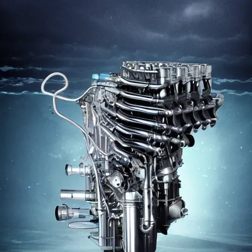 Prompt: photograph of a small v 8 engine on the head of a massive cachalot whale, eight - cylinder piston engine in the head of a cachalot in the ocean, a cachalot whale, long shot, in the style of cyberpunk, fantastic