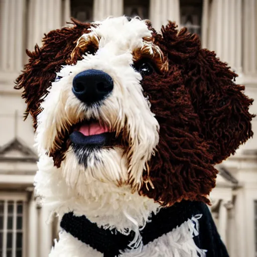 Image similar to a closeup photorealistic photograph of a cute smiling knitted bernedoodle judge dog dressed in a black gown, presiding over the courthouse. indoors, professional capture, well lit shot. this 4 k hd image is trending on artstation, featured on behance, well - rendered, extra crisp, features intricate detail, epic composition and the style of unreal engine.