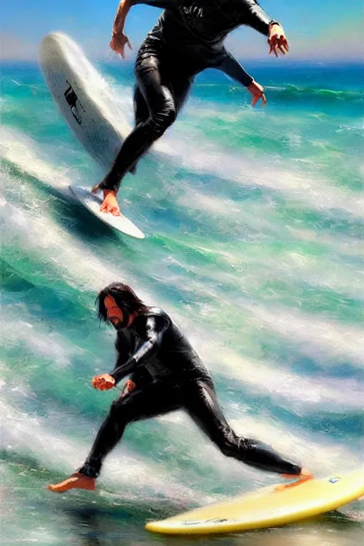 Prompt: keanu reeves surfing, sun lights, painting by daniel gerhartz, alphonse murac, detailed art, artstation