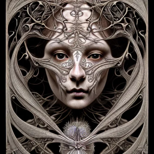 Prompt: detailed realistic porcelain beautiful intricate calaveras goddess face portrait by jean delville, gustave dore, iris van herpen and marco mazzoni, art forms of nature by ernst haeckel, art nouveau, symbolist, visionary, gothic, neo - gothic, pre - raphaelite, fractal lace, intricate alien botanical biodiversity, surreality, hyperdetailed ultrasharp octane render