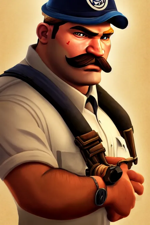 Image similar to beautiful highly detailed realistic stylized character portrait team fortress 2 engineer, detailed character art master portrait, trending on artstation