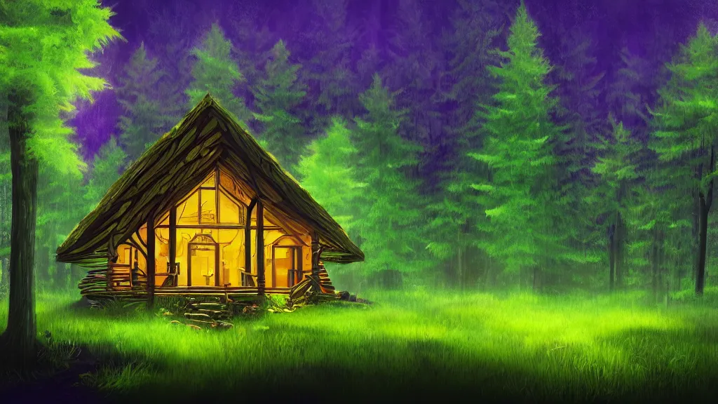 Prompt: portrait of an ethereal log cabin made of golden purple and green light, evergreen forest, divine, cyberspace, mysterious, dark high-contrast concept art