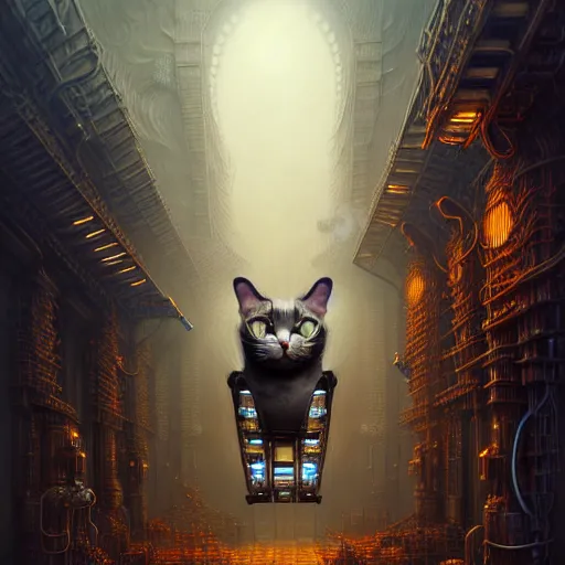 Image similar to A photorealistic 3d render of a robot cat made of circuits wide view shot by ellen jewett , tomasz alen kopera and Justin Gerard symmetrical features, ominous, magical realism, texture, intricate, ornate, royally decorated, android format, windows, many doors, roofs, complete house , whirling smoke, embers, red adornments, red torn fabric, radiant colors, fantasy, trending on artstation, volumetric lighting, micro details, 3d sculpture, ray tracing, 8k