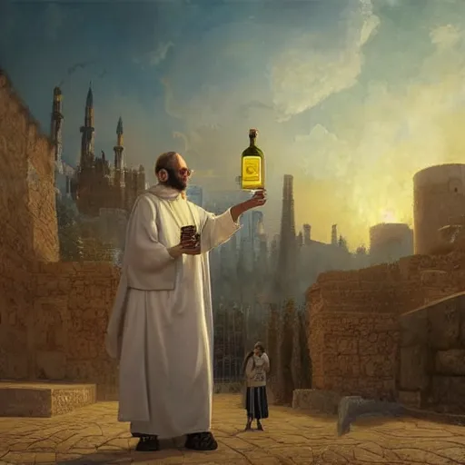 Prompt: a byzantine priest is carrying a small bottle surrounded by heavenly clouds in a Byzantine city, a persian jinn is surrounded by smoke, concept art, beautiful light, golden hour, symmetry, very coherent, realistic, by James Gurney and Simon Stalenhag and Greg Rutkowski, trending on artstation, cinematic, 85mm lens