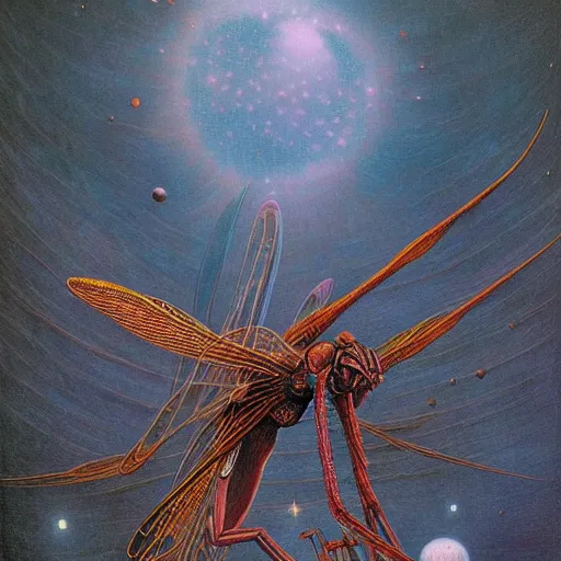 Prompt: cosmic alien dragonflies await you at the end of all of space and time by Gerald Brom and Zdzisław Beksiński