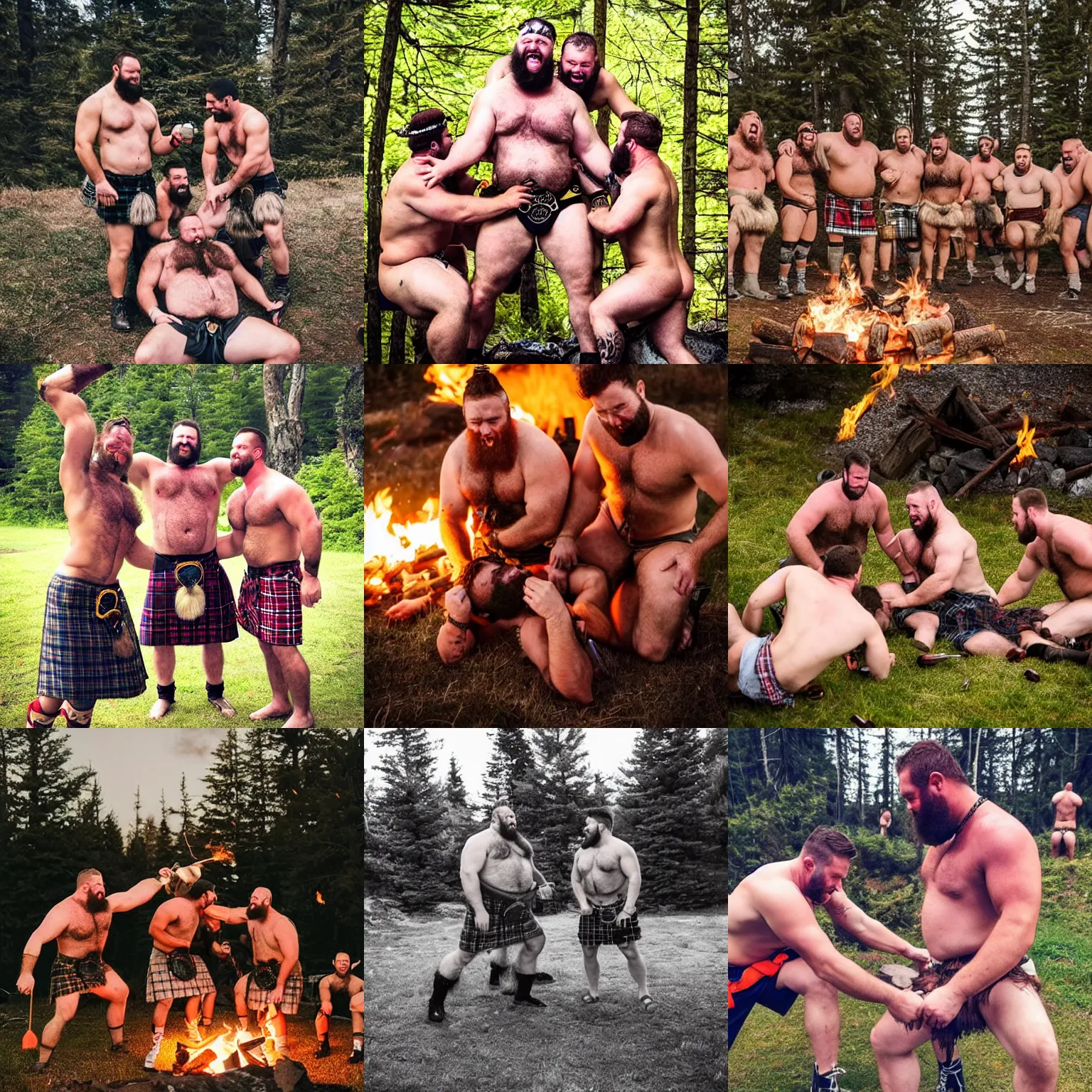Prompt: dozens of shirtless burly hairy big strongmen wearing kilts drinking beer together around a campfire and kissing each other with love, masculinity, manly, beastly brotherhood, daddy energy, joy, wholesome, photography, high definition, very detailed, male family