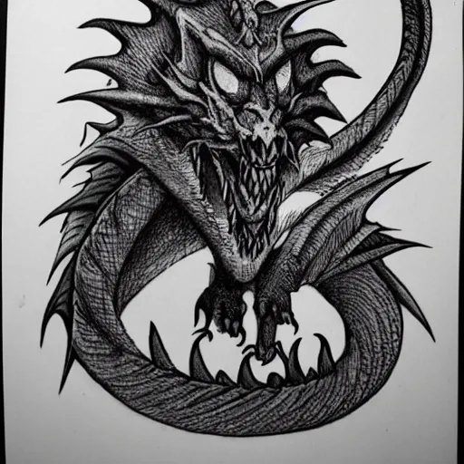 Image similar to a scary horror themed pet-dragon, drawn with charcoal and pen and ink, half-tone-line-stacking