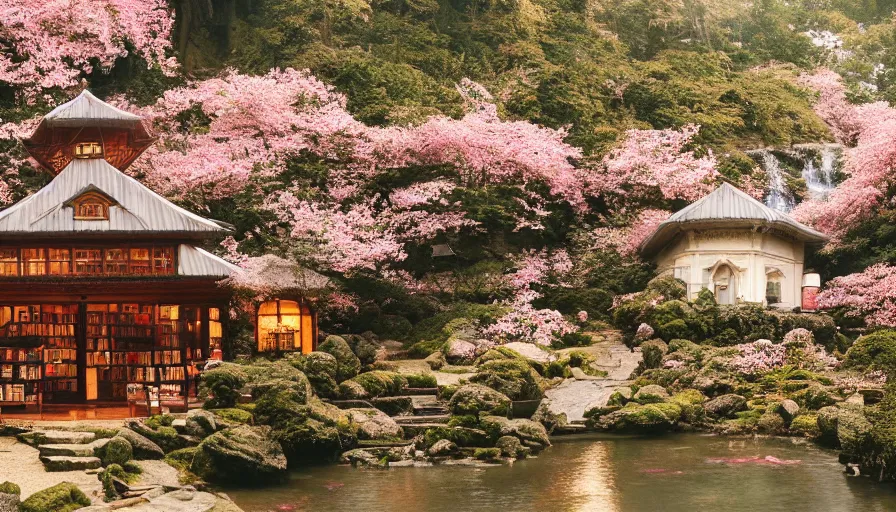 Prompt: a Sophia Coppola 35mm film still of a very surreal magical European castle style cabin with a bookstore cafe behind a lush waterfall, falling cherry blossoms pedals, in the style of Gucci and Wes Anderson glowing lights and floating lanterns, foggy atmosphere, rainy, moody, muted colors, magic details, very detailed, 8k, cinematic look, octane render, psychedelic,