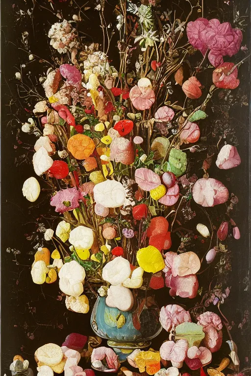 Image similar to still life of a bouquet of flowers made of gummy bears and jelly beans, Northern Renaissance,