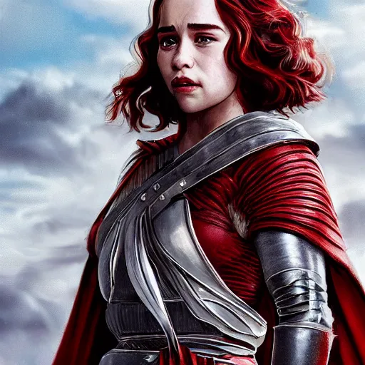 Image similar to emilia clarke, as a medieval fantasy character, with dark reddish hair, wearing light, silver armor and red clothing, tan complexion, holding a longsword, smiling, noble, cinematic, gloomy, realistic, digital art, character art, 8 k