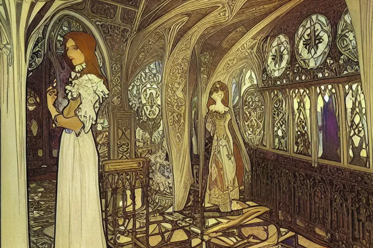 Image similar to gothic castle interior design by alphonse mucha