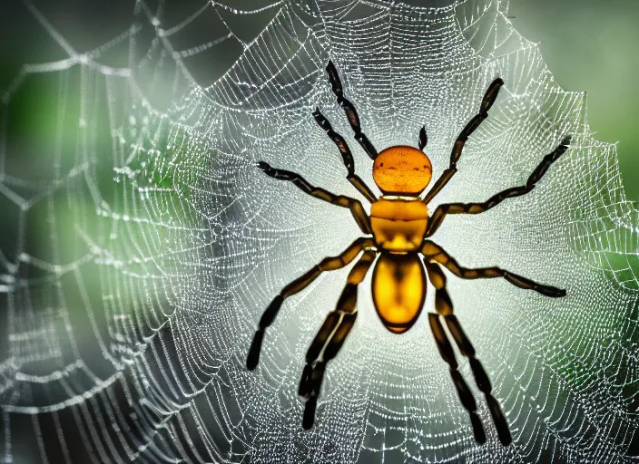 Image similar to super macro of a translucent crystal spider in the forest. Fantasy magic style. Highly detailed 8k. Intricate. Nikon d850 300mm. Award winning photography.