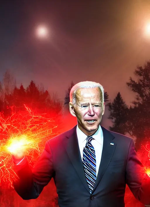 Image similar to hyper realistic ultra realistic godlike photo furious red glowing eyes biden, high quality photo, detailed , 8k