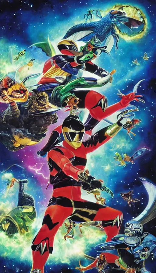 Image similar to stephen Hawkins as power ranger fighting gremlins vs mothra art by Noriyoshi Ohrai and Lisa Frank