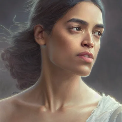 Image similar to ultra realistic illustration, alexandria ocasio - cortez in le miserables, intricate, elegant, highly detailed, digital painting, artstation, concept art, smooth, sharp focus, illustration, art by artgerm and greg rutkowski and alphonse mucha