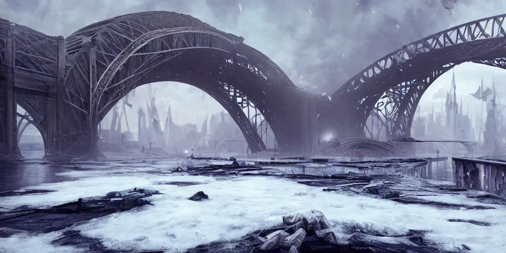 Image similar to huge white cotton everywhere on the destroyed harbour bridge, smooth, sharp focus, highly detailed, 3 d octane render, epic lighting, tragic atmosphere,, lots of white cotton, 8 k, by greg rutkowski