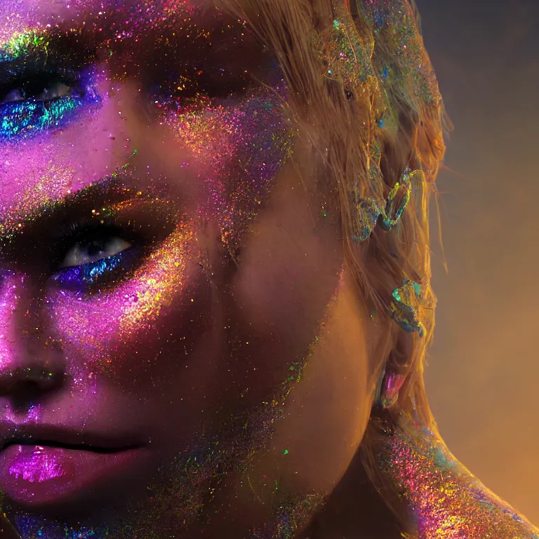 Prompt: wide angle octane render by wayne barlow and carlo crivelli and glenn fabry, the face of a beautiful woman wearing dramatic colorful iridescent glittery facepaint surrounded by smoke and exploding rubble, volumetric lighting and light rays, cinema 4 d, ray traced lighting, very short depth of field, bokeh