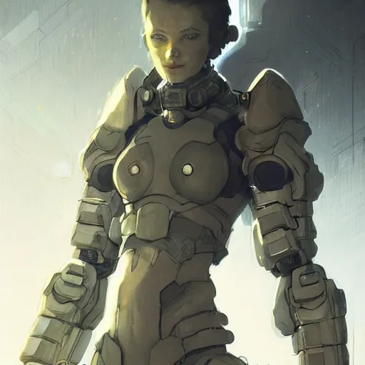 Image similar to a smiling soldier in futuristic gear, she is standing in front of a concrete wall, scifi art, dramatic lighting, illustration by Greg rutkowski, yoji shinkawa, 4k, digital art, concept art, trending on artstation