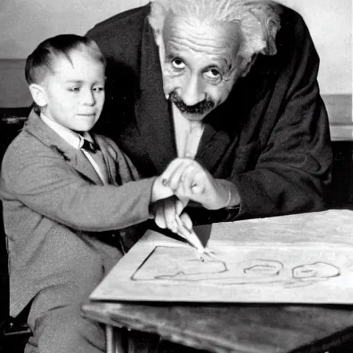 Image similar to Albert Einstein as a child making a crayon drawing of rocket