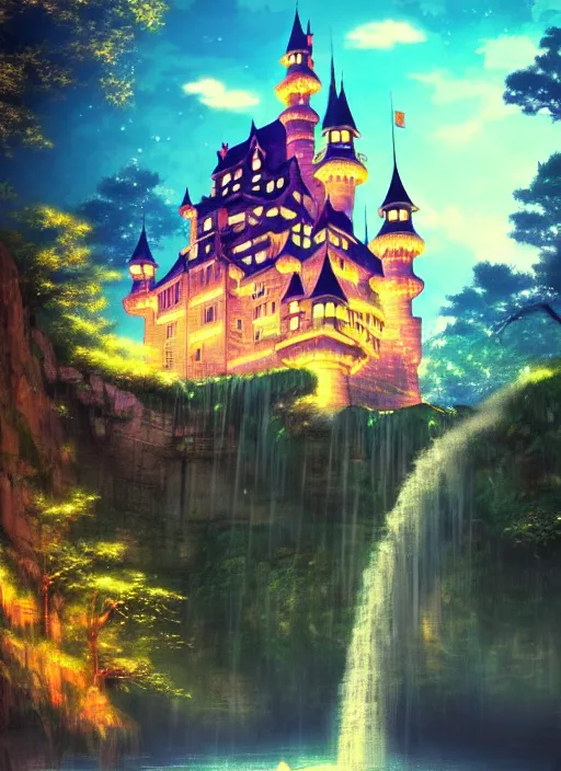 Image similar to magical castle, waterfall, river, nighttime, scenery wallpaper aesthetic, pastel colors, anime style, perspective view, beautiful, cinematic, dramatic, super detailed and intricate, hyper realistic, by satoshi kon, by koson ohara, by darwyn cooke