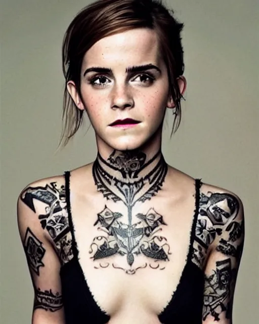 Image similar to emma watson, dope tattoo, hyperrealistic