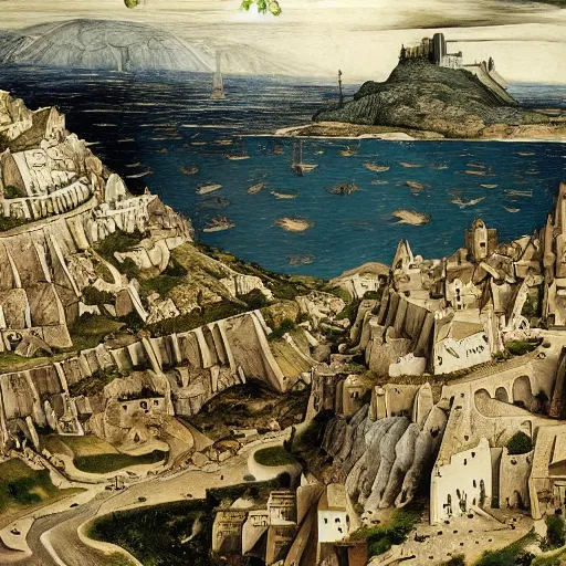 Image similar to Minas Tirith by Bruegel and Hokusail, masterpiece