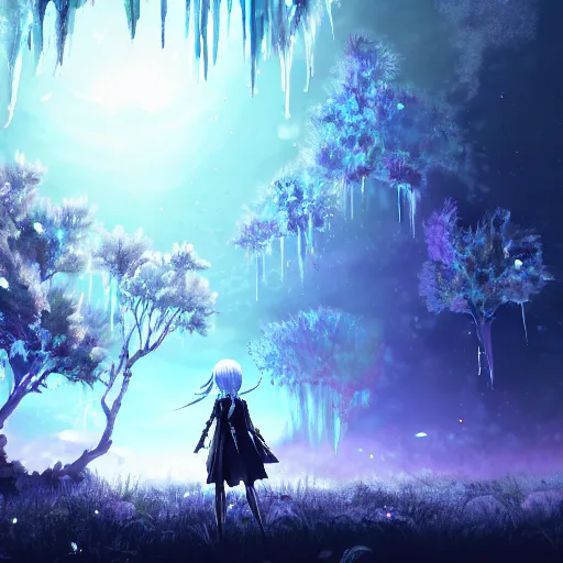 Image similar to scenery artwork, scene luminous, bioluminescent acrylic and cold nier automata pixiv scenery artwork : nature dream wire vegetation magic density infinite, macro seminal dream points of icy, frozen vaporwave shards tempted to turn into a dream scenery, high quality topical render, nier automata, concept art