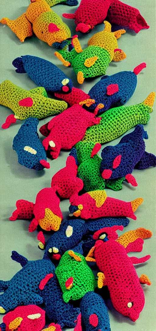 Prompt: multicolored crocheted bats, 1 9 8 0 s catalogue photography