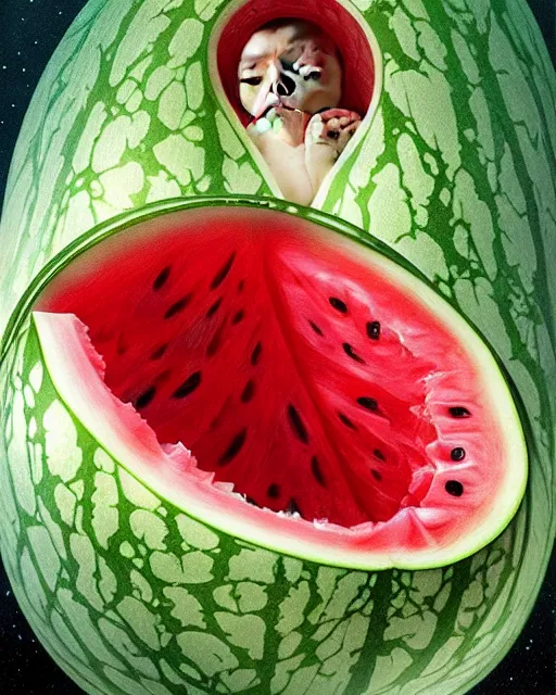 Prompt: a watermelon womb, baby in a transparent watermelon womb, gestation inside a watermelon, transparent, highly detailed, digital painting, artstation, concept art, smooth, sharp focus, illustration, art by artgerm and greg rutkowski and alphonse mucha