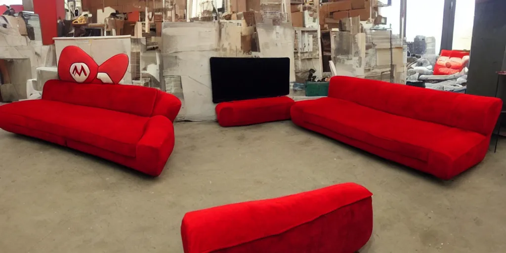 Prompt: Super Mario-shaped red couch