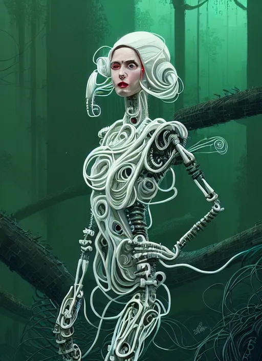 Prompt: highly detailed portrait of a biomechanical long curly white hair tribal lady, stray wiring by atey ghailan, james gilleard, by joe fenton, by greg rutkowski, by greg tocchini, by kaethe butcher, 4 k resolution, gradient green, black and white color scheme!!! ( ( forested robotic dense jungle background ) )