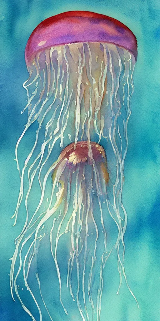 Image similar to a realist watercolor painting of a beautiful jellyfish underwater, in the style of joseph zbukvic