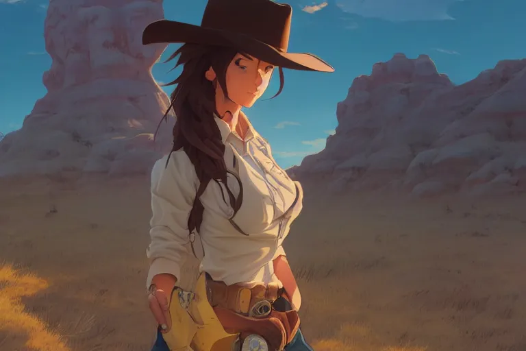 Image similar to western cowgirl in the badlands, single subject, scenic full shot, ambient lighting, detailed face, by makoto shinkai, stanley artgerm lau, wlop, rossdraws