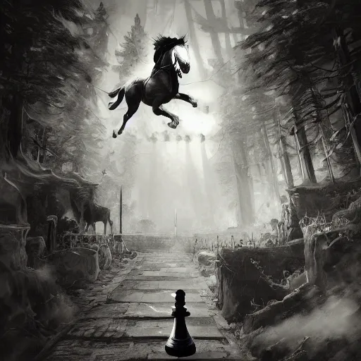 Image similar to a chess piece comes alive, the horse jumps over the wooden chessboard, fantasy art, in the style of greg rutkowski, illustration, epic, fantasy, intricate, hyper detailed, artstation, concept art, smooth, black and white, sharp focus, ray tracing