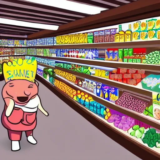 Prompt: an incredibly realistically drawn grocery store with a giant fat cartoon rabbit scp inside.