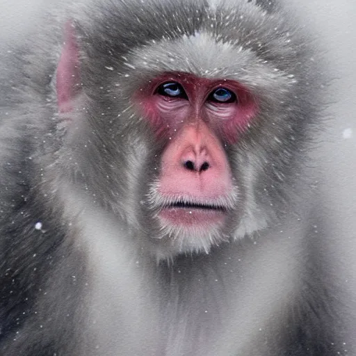 Prompt: portrait of snow monkeys, highly detailed, snow flurry, cold, steamy, desaturated, ultrarealistic, inquisitive, striking, contemplative, watercolor (dry brush)